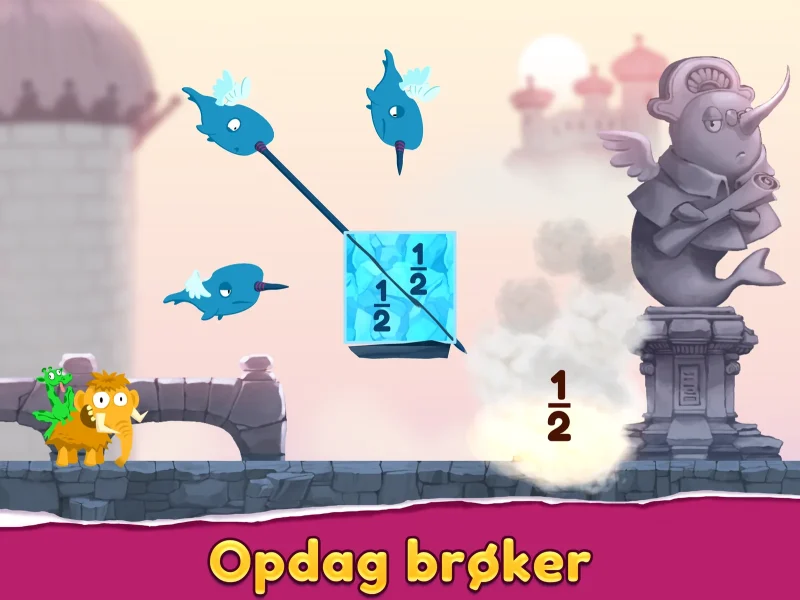 Slice Fractions 2: en isklods delt i to halve smadres af fisk Slice Fractions 2: en isklods delt i to halve smadres af fisk
